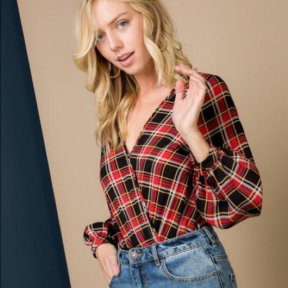 Long Billowed Sleeve Plaid Bodysuit - Picture 3 of 8